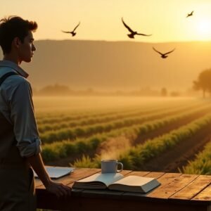 It’s early morning. The sky is soft with the first light of day. In a quiet field, a farmer sits with a few books and notes. Birds begin to sing. The world is still. This music is made for moments like this—quiet, simple, and clear. A calm space to read, write, or think. Just soft sounds for a peaceful hour.