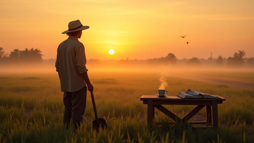 I wake up early, light on the land Dew on my boots, shovel in hand The sun comes slow, but I don’t mind I’ve got some peace I hope to find