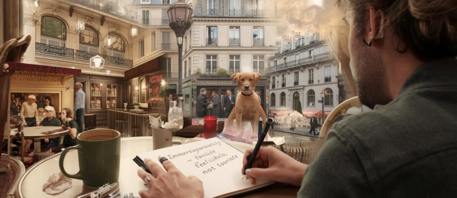 Crafting a Unique Value Proposition (UVP) 1 A warm Parisian café scene where Founder B, a thoughtful entrepreneur, is sketching ideas in a notebook. The page shows the words “Immersive Parisian hospitality – feel like locals, not tourists.” Behind them, a collage-like scene blends together — a boutique hotel lobby with Parisian charm, a cozy restaurant serving authentic cuisine, a small group on a hidden walking tour, and an elegant event setup with personalized details. The overall atmosphere should feel inspiring, creative, and welcoming, with a sense of discovery and connection. Artistic style: cinematic, soft lighting, storytelling illustration.