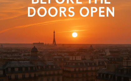 Before the Doors Open 6 Cinematic shot of Company A's storefront in Paris with lights glowing inside and a "Coming Soon" sign in the window, capturing the pre-launch anticipation.