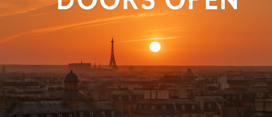 Before the Doors Open 1 Cinematic shot of Company A's storefront in Paris with lights glowing inside and a "Coming Soon" sign in the window, capturing the pre-launch anticipation.