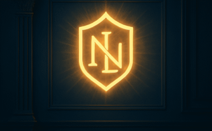 Name in the Light 9 Album cover for the song “Name in the Light,” symbolizing brand protection and identity through warm glowing typography and city skyline background.