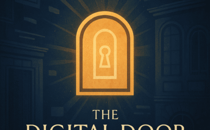 The Digital Door 8 A glowing digital doorway symbolizing connection between brand and audience, representing how businesses build authentic presence online through storytelling and emotion.