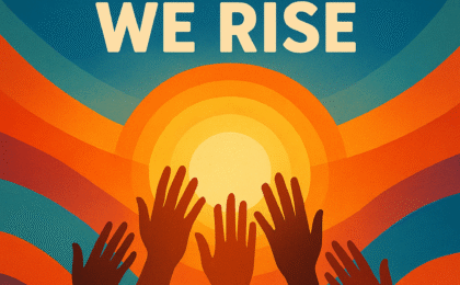 Together We Rise 2 “Together We Rise” album art — a symbolic illustration of unity and collaboration with glowing hands lifting toward light, representing creativity and collective growth.